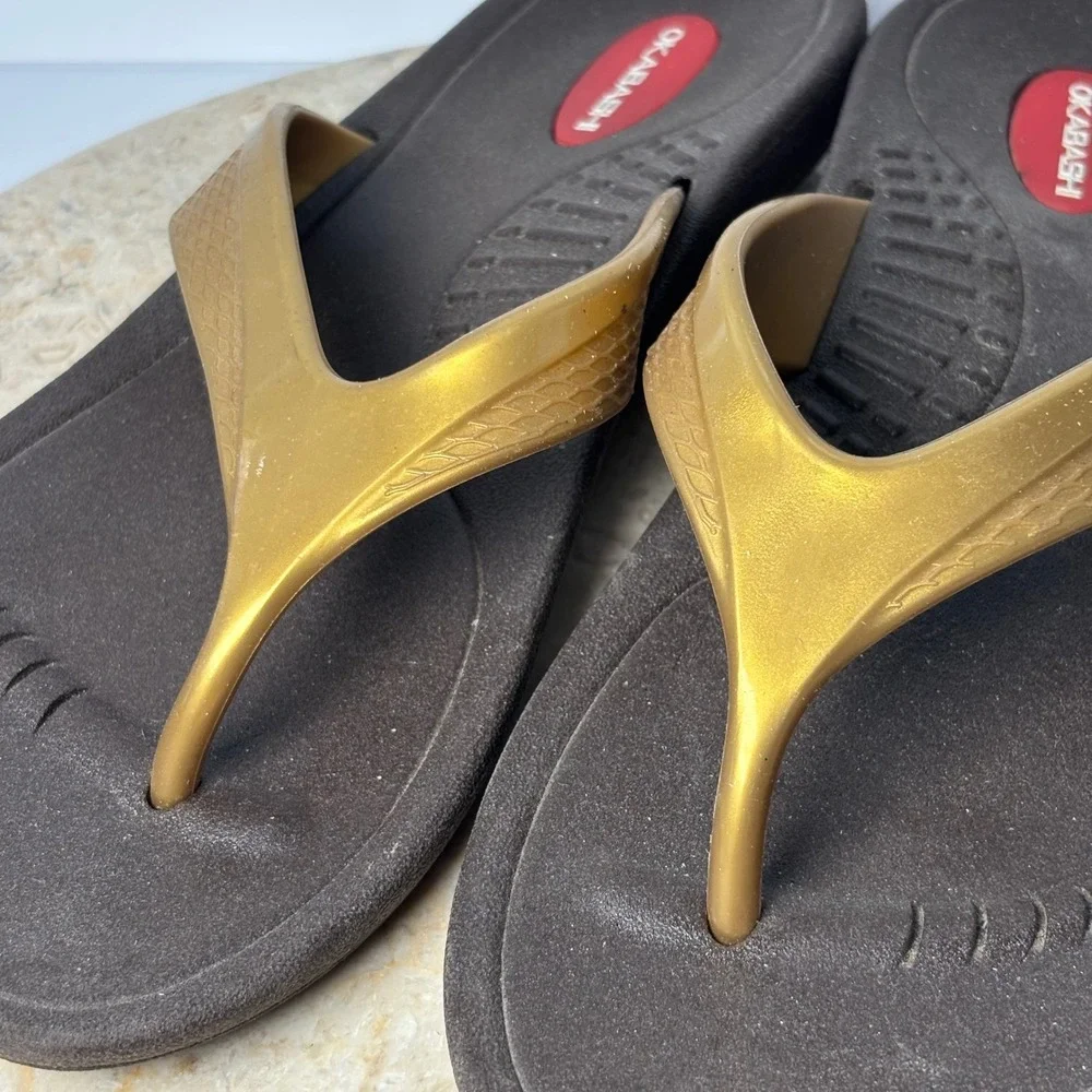 Okabashi Womens Flip Flop Sandals Brown Gold Metallic Strap Size Medium‎ M USA